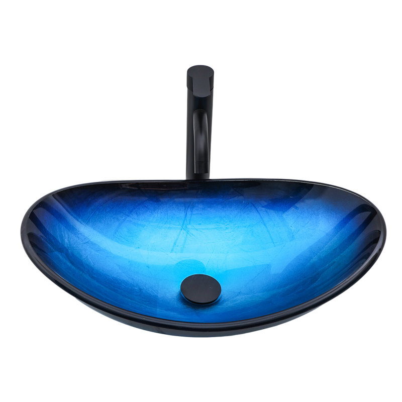Lavabo de salle de bain artistique, vasque en verre trempé bleu, bonde escamotable, évier en forme de bateau au-dessus du comptoir, vasque à surface facile à nettoyer: verre, pour les rénovations à petit budget