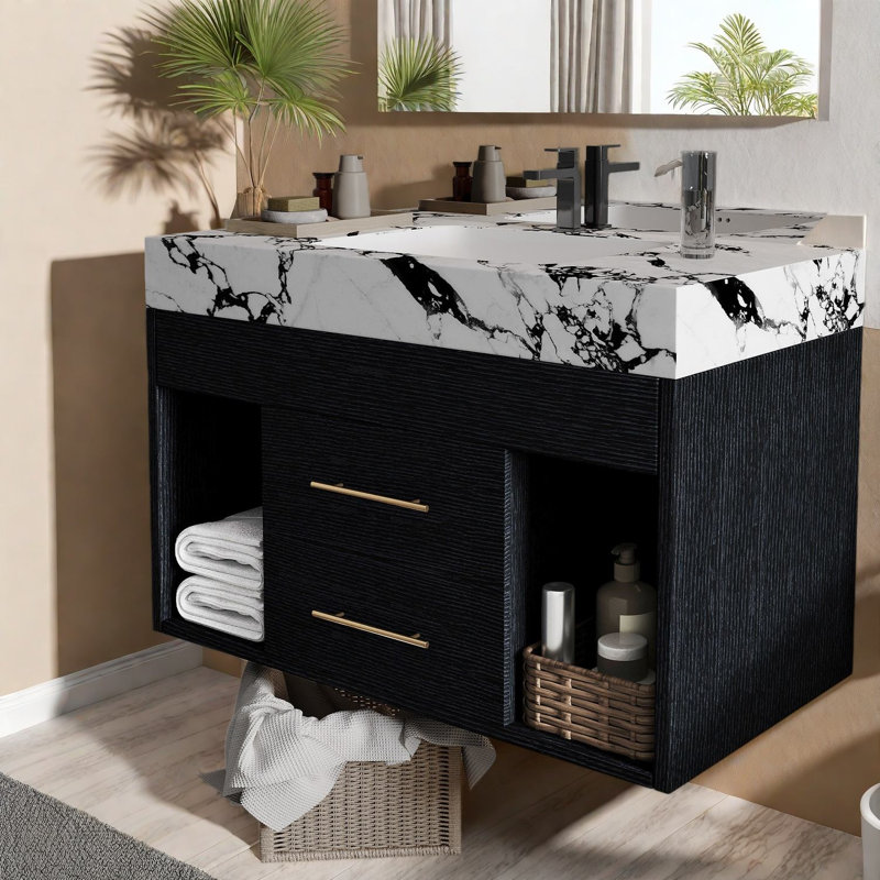 Meuble-lavabo compact et moderne avec rangement et lavabo en céramique pour les petites salles de bain