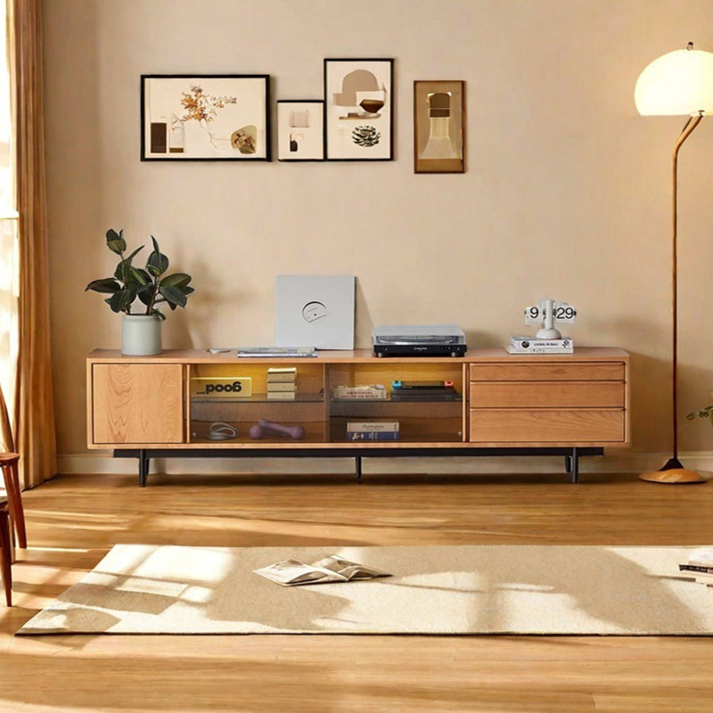Meuble télé en bois massif avec rangement polyvalent, 82.67"