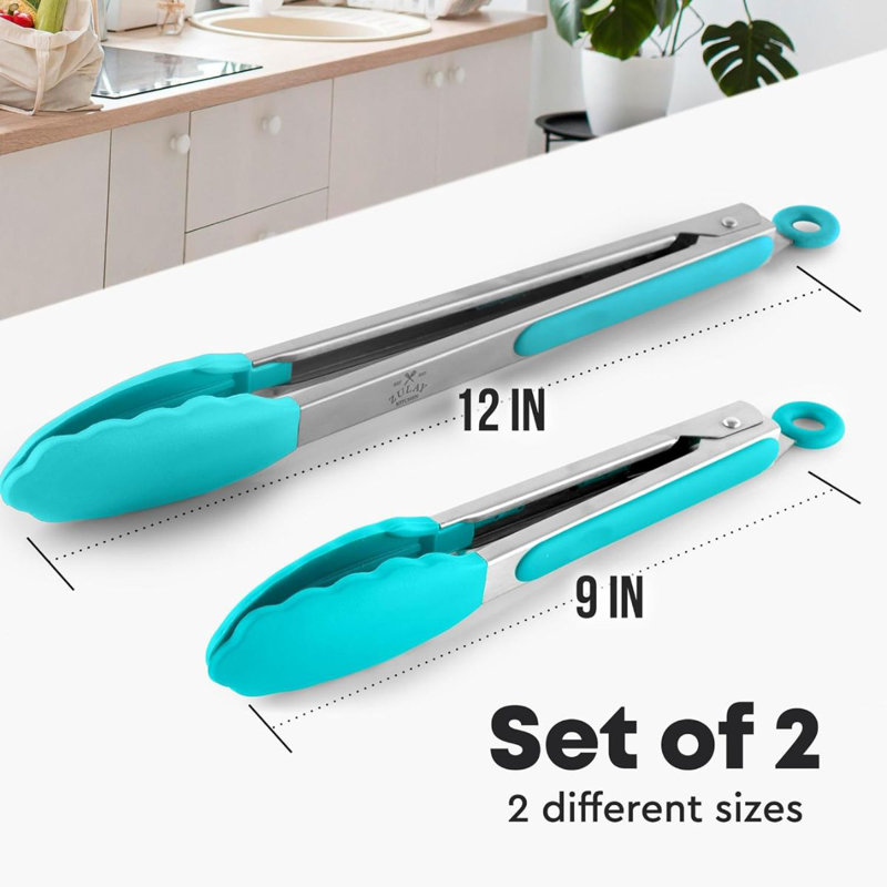Zulay Kitchen Tongs For Cooking - 2 Pack 9" & 12" Stainless Steel Silicone Tong Set, Aqua