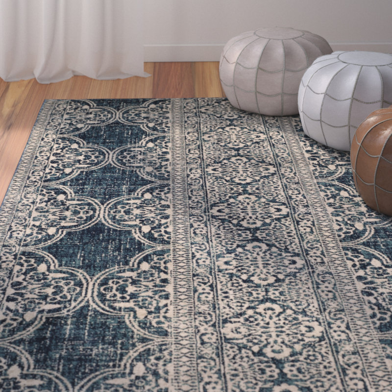 Annette Floral Royal Blue/Ivory Area Rug, Rectangle 6'7" x 9'2"