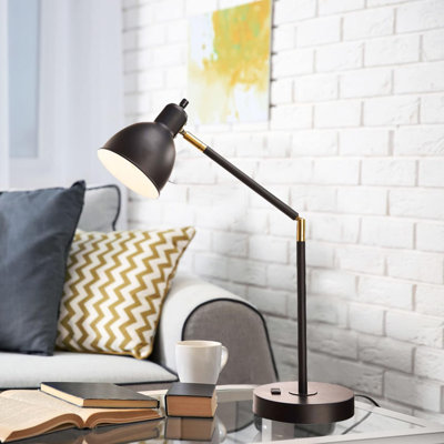 Shawnda Adjustable Desk Lamp With Built-In Outlet, Modern Black Metal Design For Office, Dorm, Or Bedroom, Bulb Not Included