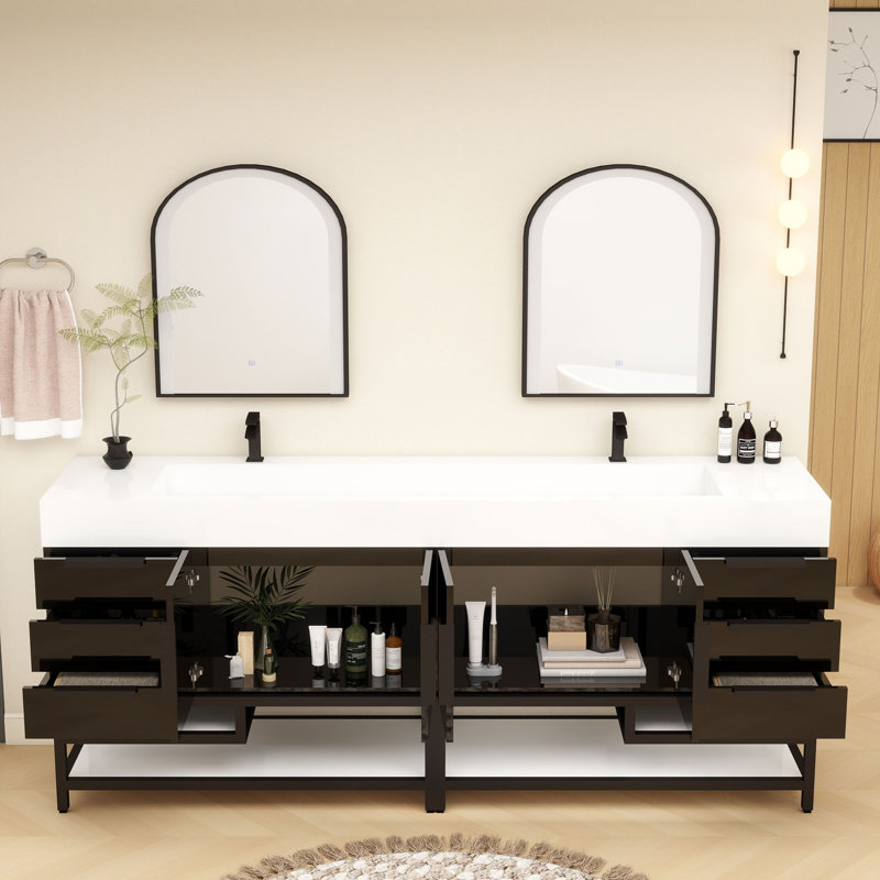 Finition du meuble-lavabo sur pied simple 84 po Jessica / Base: Chêne teck, Noir brillant