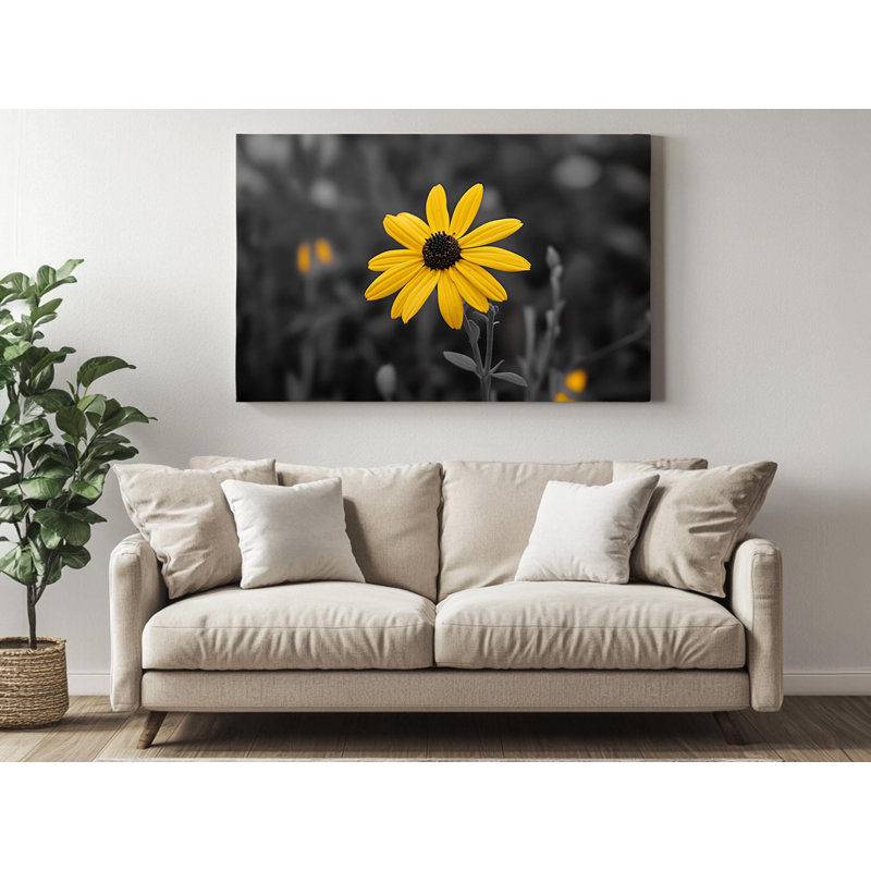 Fleur jaune sur fond noir et blanc sur toile de haute qualité, reproduction murale, reproduction d'art, reproduction de peinture