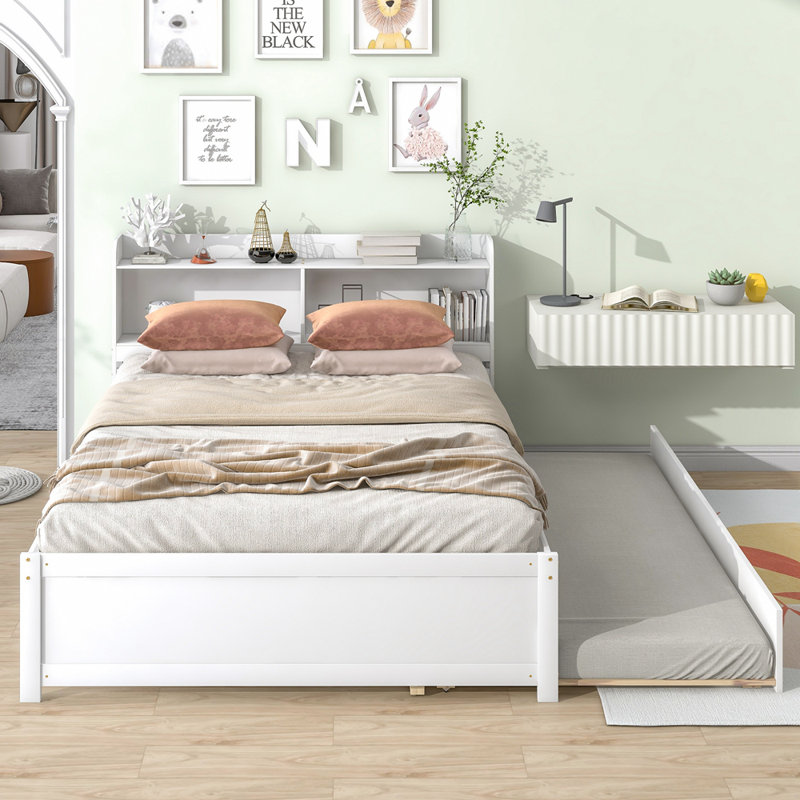 Engeliene Wooden Bed with Trundle,Storage Bed Frame with Bookcase, White, Full