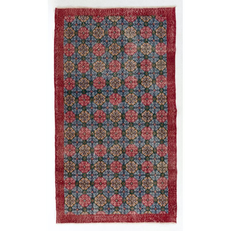 Tapis turc rétro noué à la main en rouge et bleu