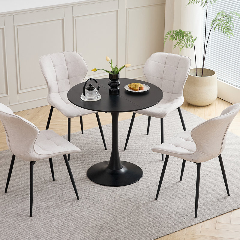 Modern Linen Fabric Dining Chair, Upholstered Side Chair with Metal Legs, Kitchen Accent Chair, White