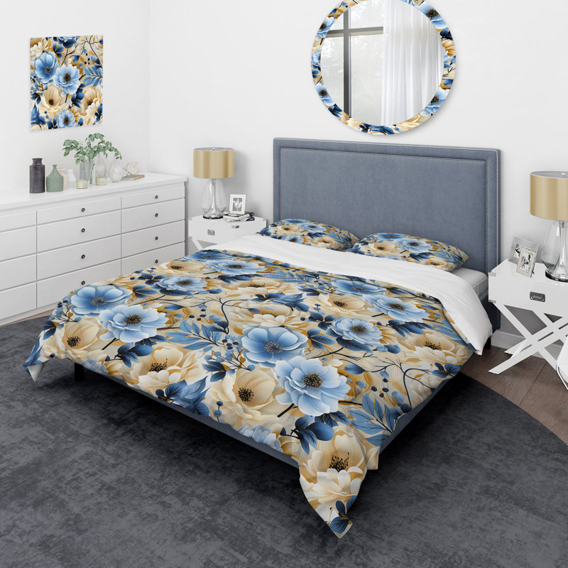 Ensemble de housse de couette à motif floral blanc et bleu Bliss, Housse de couette pour grand lit et 2 taies décor