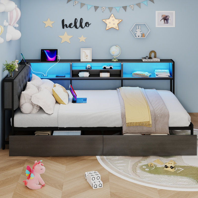 Twin Corner Bed Frame with 2 Drawers and Storage Bookcase, Daybed with Charging Station and LED Lights, Twin Size Corner bed for Kids and Teen