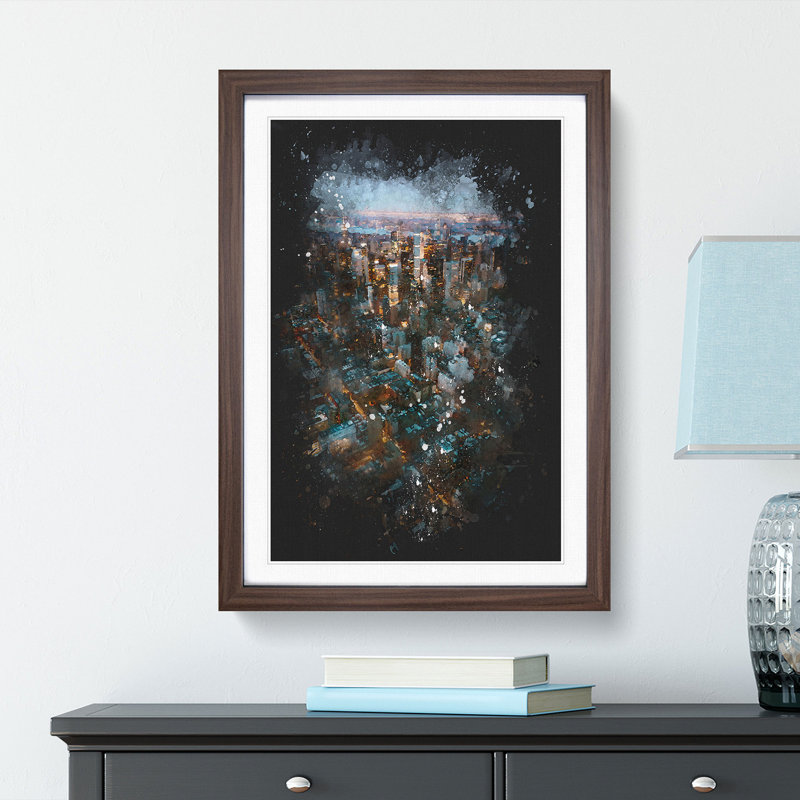 Above New York City - Single Picture Frame Painting on MDF, Walnut Framed, 33cm H x 24cm W x 2cm D