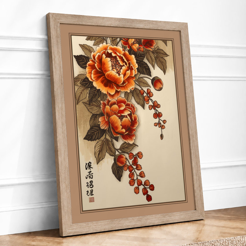 Peonies in Blossom Japandi - Framed Print, A2 - 59.4 x 42.0 cm, Oak