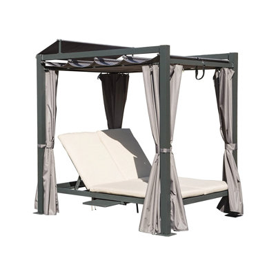 Aluminum Outdoor Daybed With Canopy And Hidden Table - Grey Curtain, Beige Cushion For Backyard, Lawn Patio Frame, Canopy, Cushion, 5 Adjustable Backrests & Cup Holder Pool