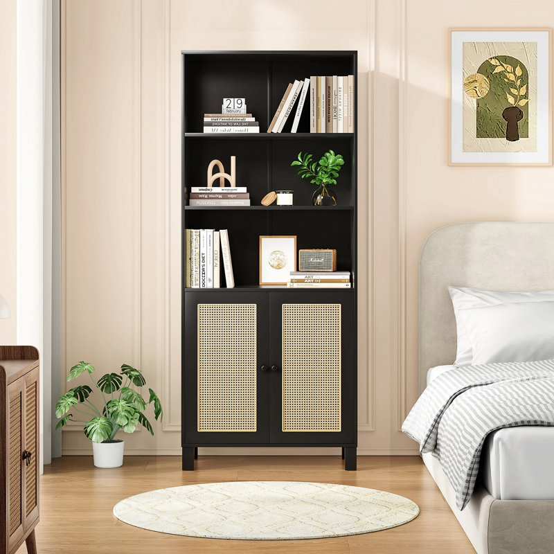 Tall Bookcase With Rattan Doors,5 Tier Storage Wood Shelves Large Bookshelf For Library Living Room Bedroom Home Office