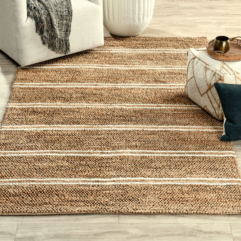 Beamond Striped Handwoven Jute Brown/Ivory Area Rug, Rectangle 6' x 9'