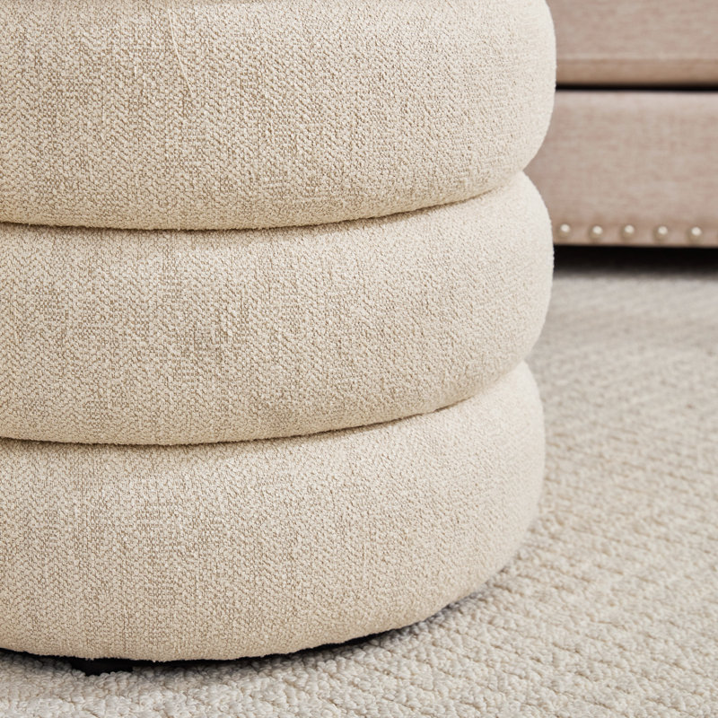 Pouf de rangement rond et capitonné Leiani Modern de 49,5 cm de large avec espace de rangement dissimulé, Lin beige