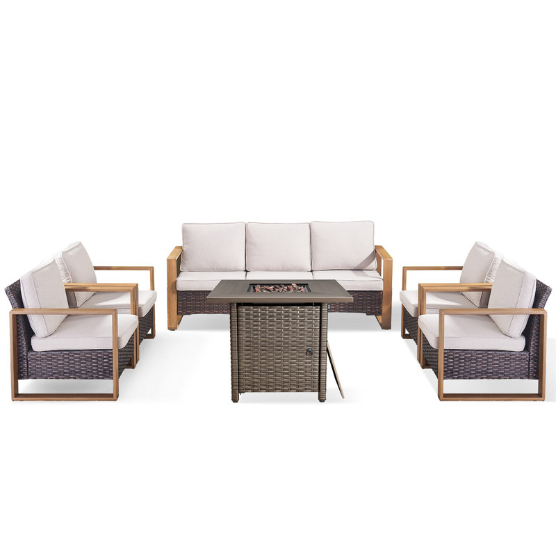 Ensemble de conversation d'extérieur carré en osier 6 pièces avec 4 fauteuils pour patio, jardin et cour Palomares, Beige