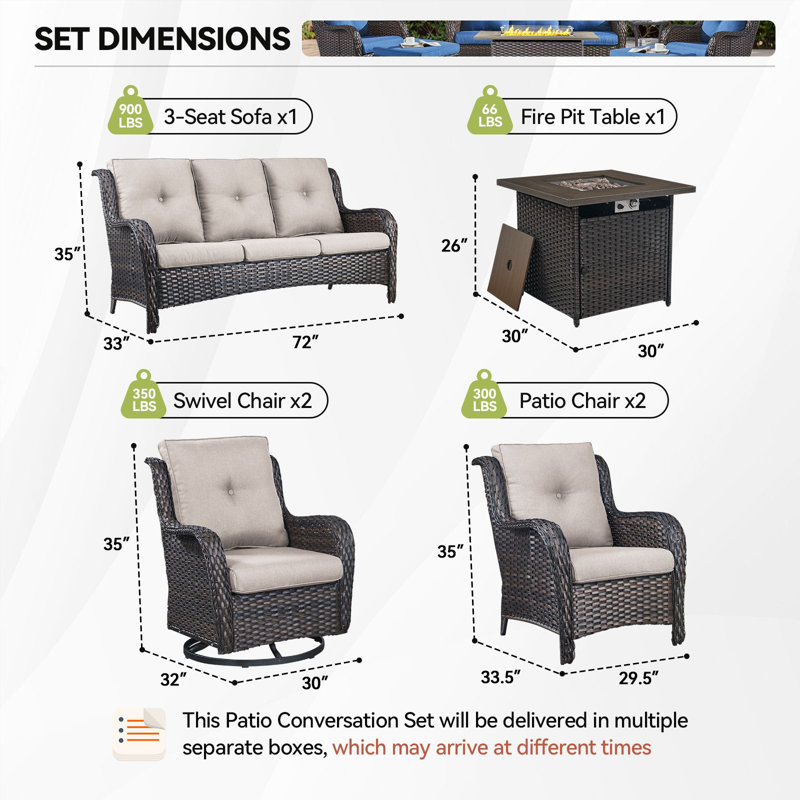 Wendye 6-Piece Wicker Patio Furniture Set With Rattan Chairs, Fire Pit & Sofa, Brown, Beige