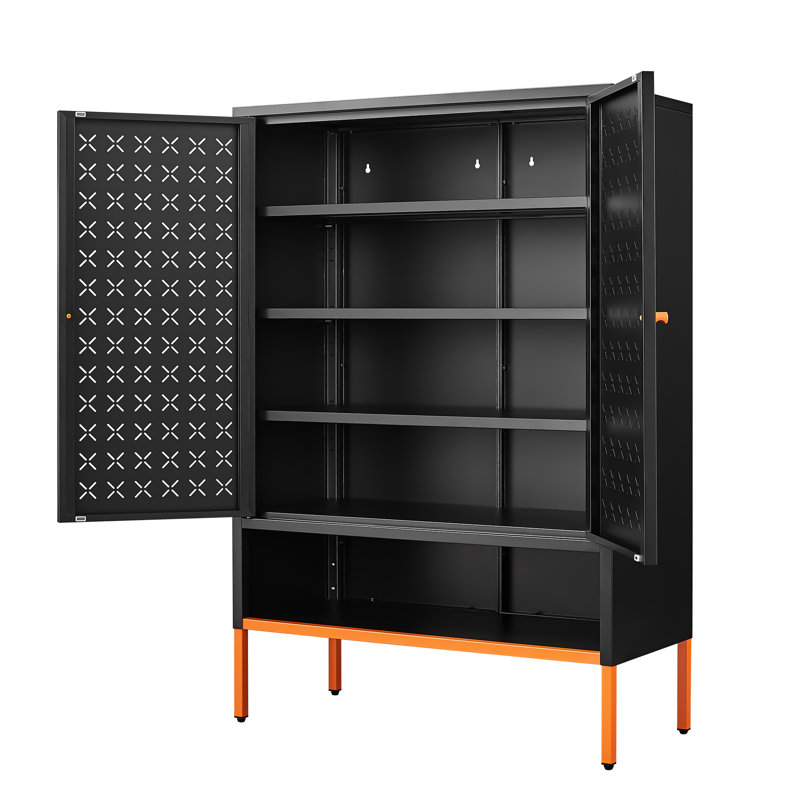 Armoire à chaussures surélevée de 15 cm, portes papillon à double ouverture, 3 4 tablettes, armoire à chaussures noire autoportante moderne réglable magnétique de 32 cm avec design surélevé et portes respirantes pour la circulation de l'air