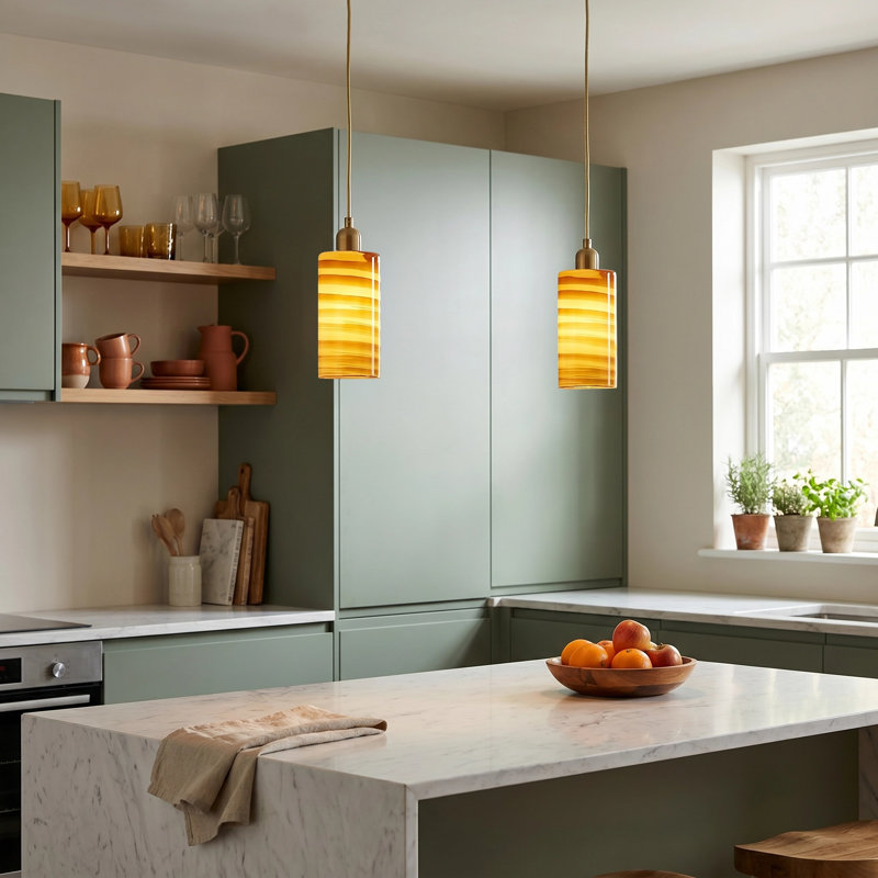 Striped Amber Glass Cylinder Pendant Shade With Retro Inspired Look By 