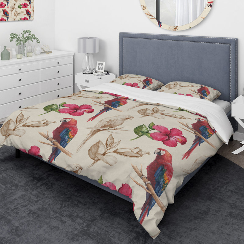 Ensemble de housse de couette Designart Macaw Parrot et Hibiscus, Housse de couette très grand + 2 taies décoratives