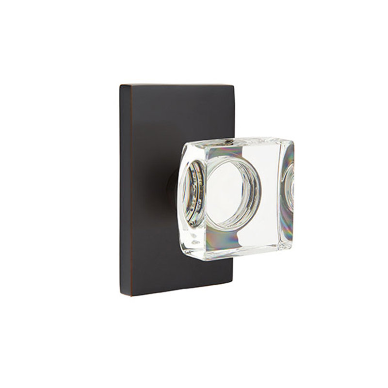 Ensemble de faux boutons Emtek avec rosette rectangulaire moderne et bouton carré en verre moderne, Bronze huilé