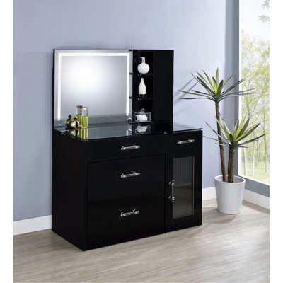 Kerr Black High Gloss 2-drawer Makeup Vanity Table with Mirror and Stool