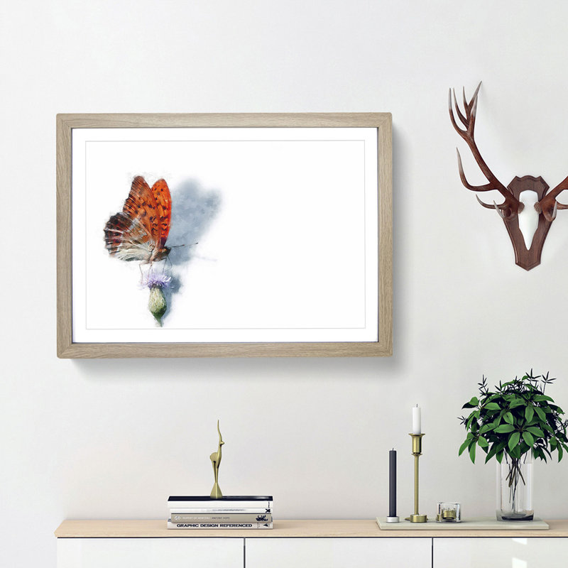 Orange Butterfly on a Thistle - Picture Frame Graphic Art Print, Oak Framed, 33cm H x 45cm W x 2cm D