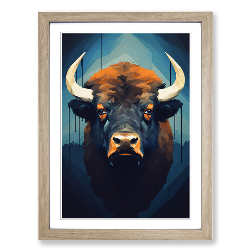 Buffalo Minimalism - Single Picture Frame Print on Wood, Oak , 46cm H x 34cm W x 2cm D