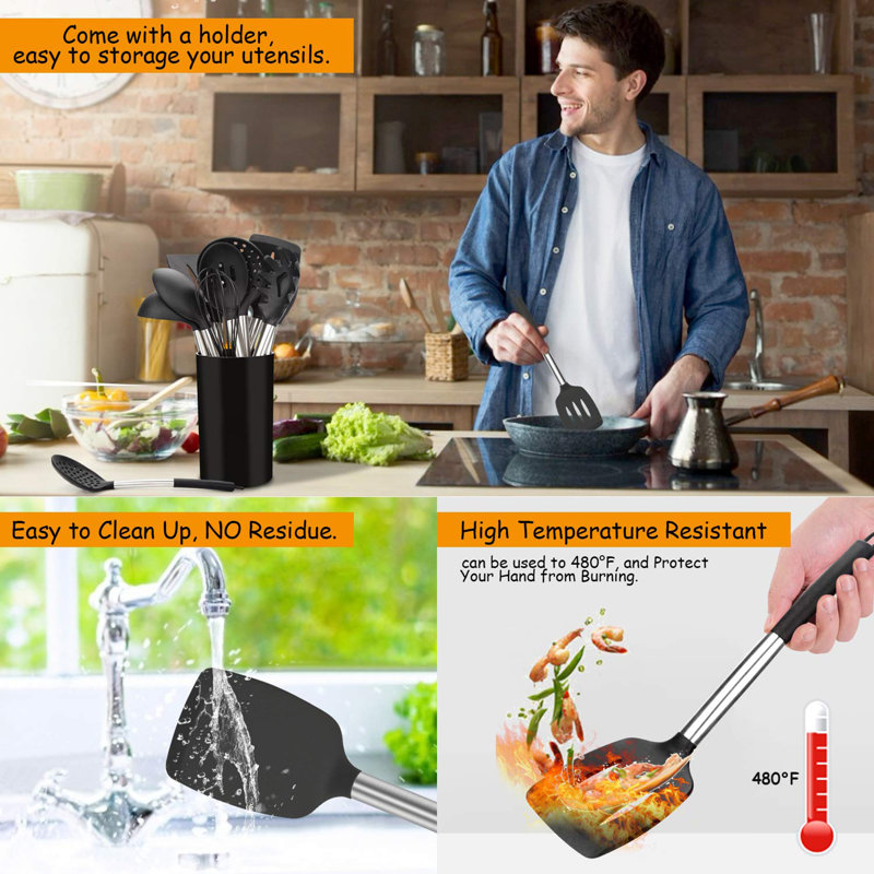 27-Piece Black Silicone and Stainless Steel Kitchen Utensils Set