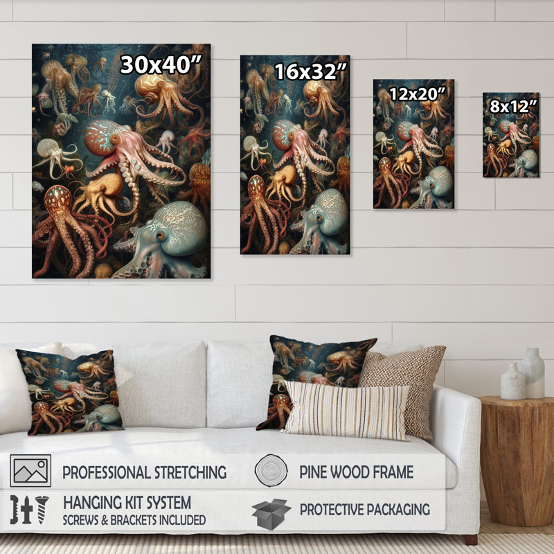 Beaucoup de calamars - animaux, pieuvre, art mural, salon, H 40 po x l 30 po x P 1,5 po, Toile tendue