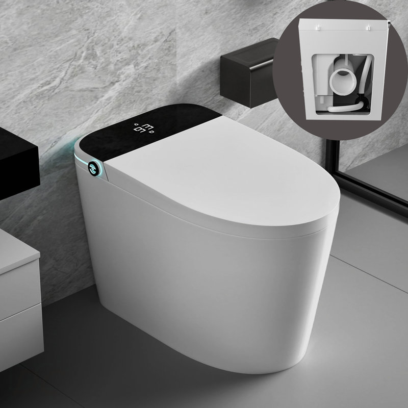 Toilette intelligente à sortie arrière avec siège de bidet intégré, siège d'ouverture / fermeture automatique de toilette intelligent, capteur de pied, affichage à DEL, veilleuse, eau chaude et sécheuse, blanc