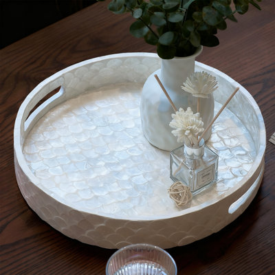 12.6 Inch Round Capiz Tray With Handles, Mother Of Pearl Serving Tray For Coffee Table & Vanity, Coastal Boho Home Decor