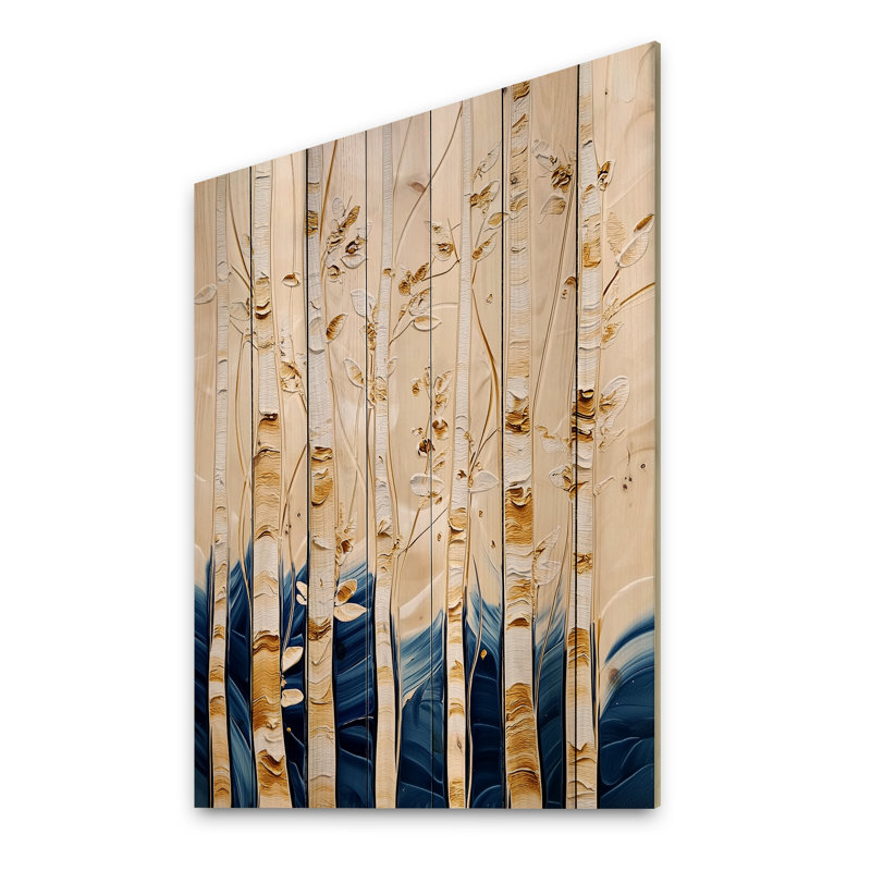 Hiver chanteur de bouleaux - reproduction traditionnelle en bois doré sur bois de pin naturel, H 44 po x l 34 po x P 0,78 po