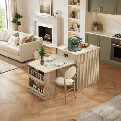 Îlot de cuisine cannelé de 210 cm avec table à manger extensible pour 4 à 6 personnes, rangement double face et prise électrique intégrée, chêne naturel