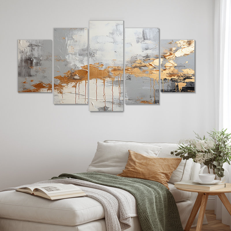 «Gilded Elegance» noir et gris - ensemble d'art mural abstrait 5 pièces, H 32 po x l 60 po