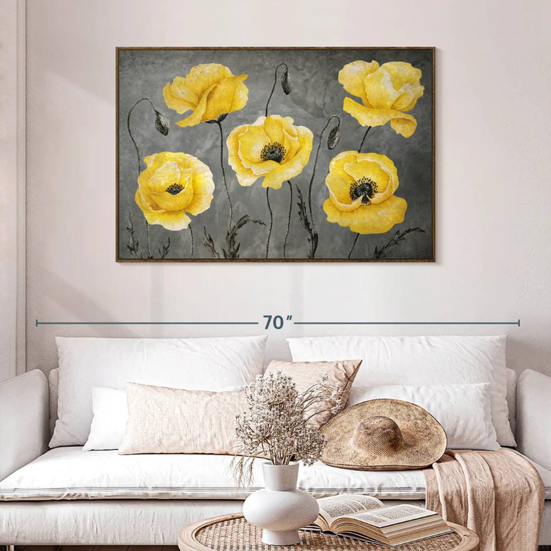 Coquelicots jaunes, 46 po x 31 po, Cadre flottant en noyer