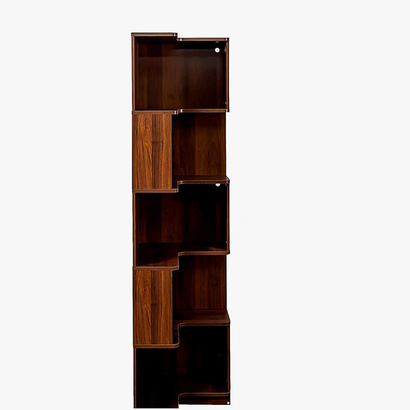 Modern Corner Bookcases, Walnut MDF 5 Tier Storage Shelf with LED Lights, Walnut