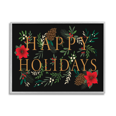 Joyeuses fêtes, accueil, typographie festive, feuillage d'hiver encadré, art texturé noir par Heather Mclaughlin