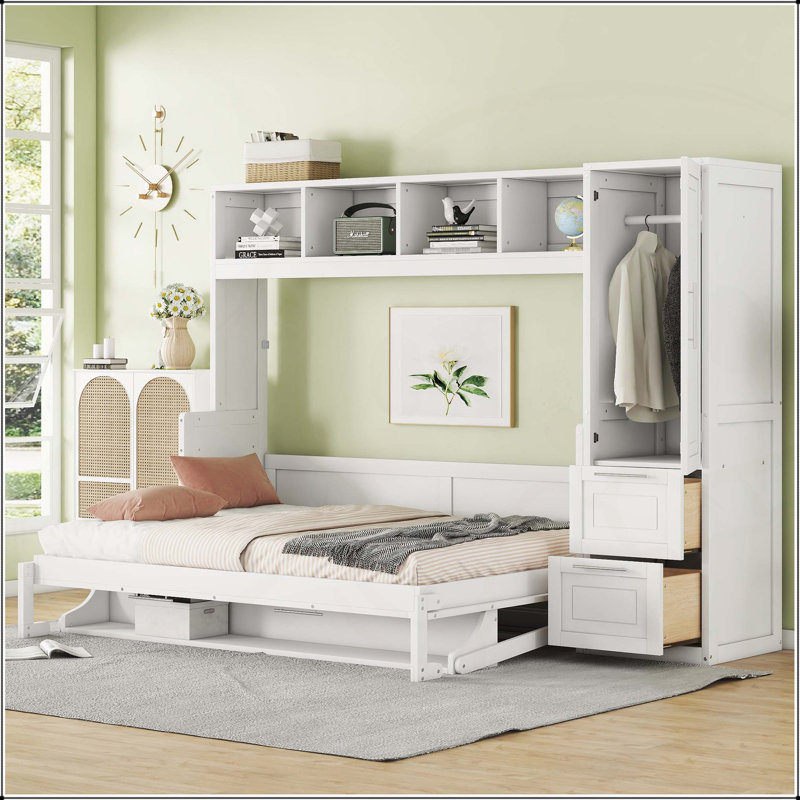 Lit escamotable mural avec placard et tiroirs Murphy, Double, Blanc