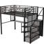 Lit mezzanine double en métal avec bureau moderne, garde-robe et tablettes de rangement - noir