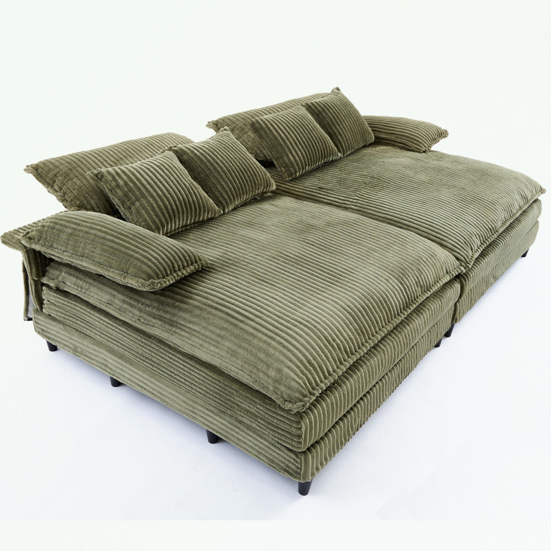 Corduroy Double Lounge Chaise with 4 pillows, Green Corduroy