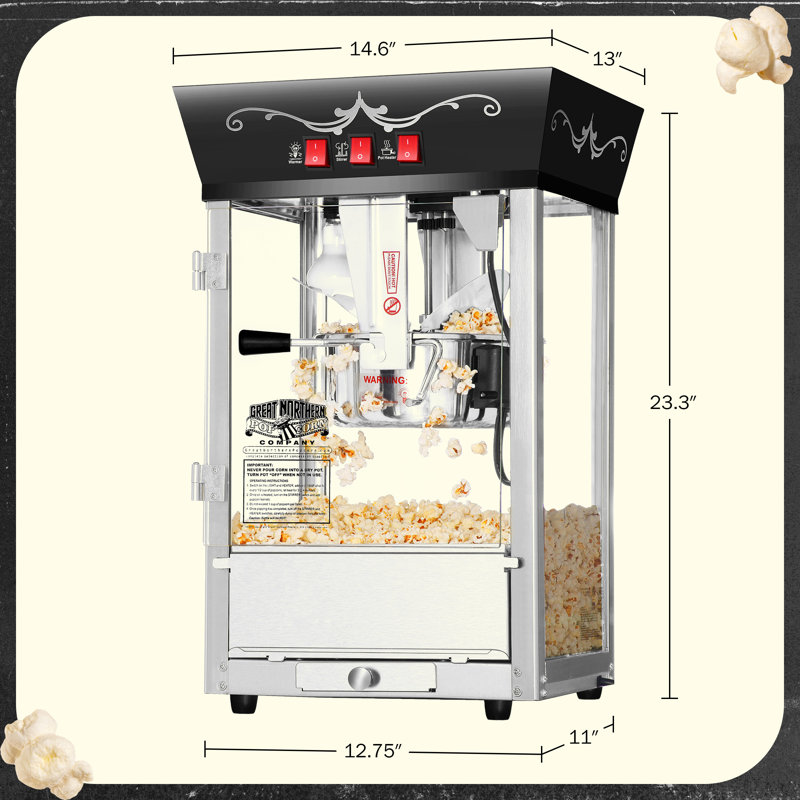 Machine à maïs soufflé Matinee - contenant 8 oz avec bouilloire en acier inoxydable, plateau à grains Reject, lumière chauffante et accessoires par Great Northern Popcorn