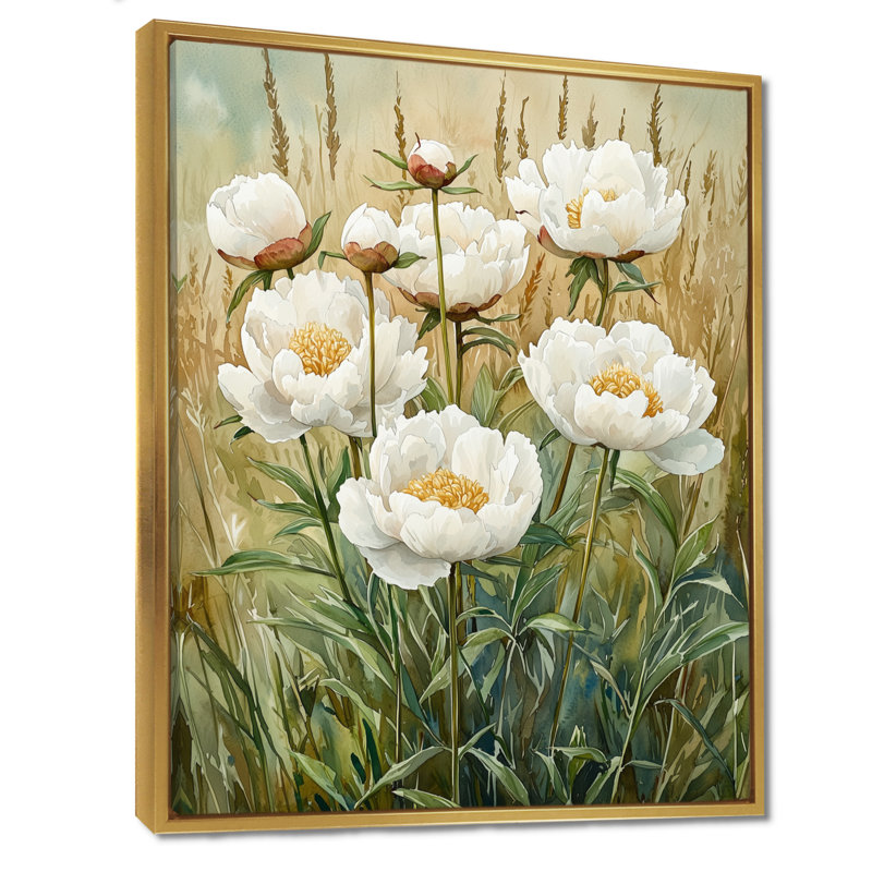 Pivoines dans un champ d'herbe ouvert I - pivoines, art mural, H 44 po x l 34 po, Reproduction avec cadre flottant, Doré