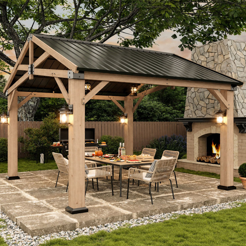 Jolydale Soild Wood Frame Hardtop Gazebo With Galvanized Steel Peak Roof, Suitable For Patios, Lawn And Backyard