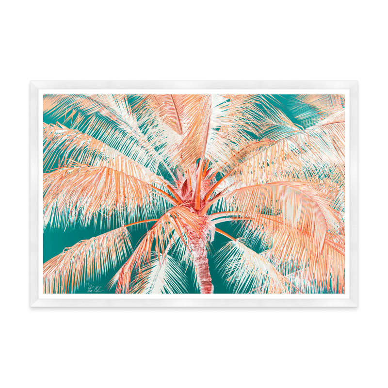 Palmier tropical en orange et vert, Cadre blanc, H 35,5 po x l 54,75 po x P 1,5 po