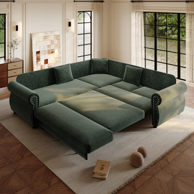 Canapé-lit d'angle de 224 cm avec lit gigogne, chenille verte