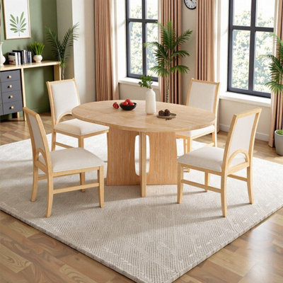 Table de salle à manger ronde en bois massif pour 4 personnes avec plateau extensible et chaises rembourrées
