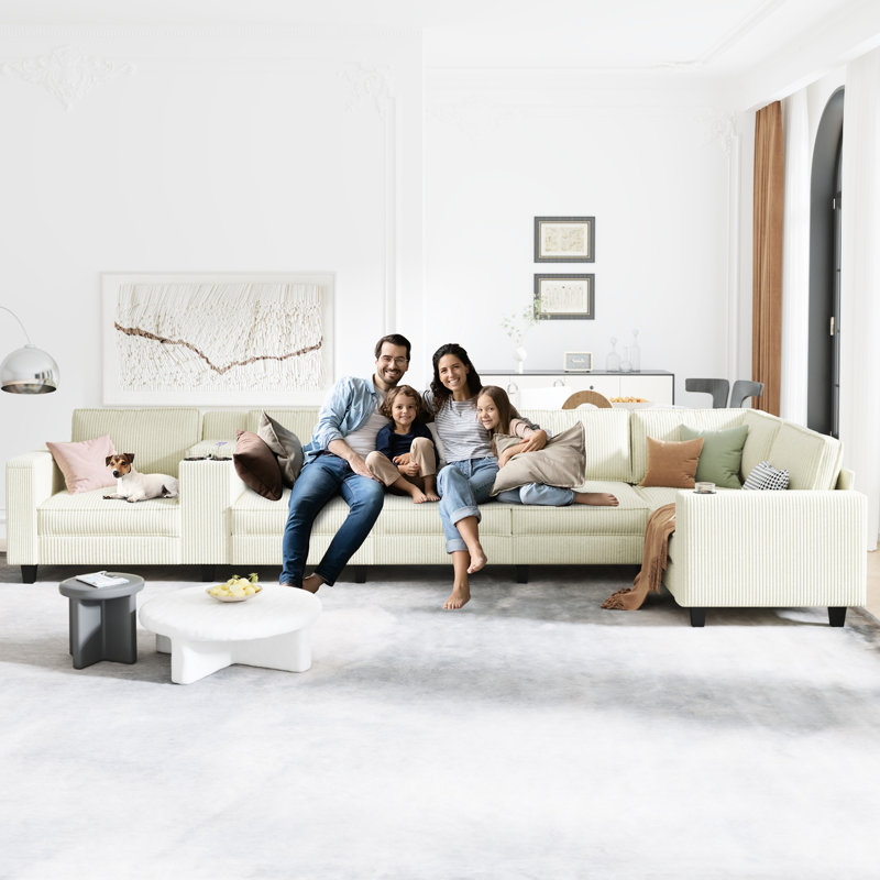 Ensemble de conversation en L 6 places en velours côtelé de 133,4 po x 94,4 po avec console centrale, fonction de rangement, siège réglable, sièges rembourrés en mousse, abat-jour beige, idéal pour les grands espaces de vie