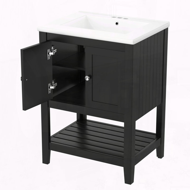 24" Solid Wood Bathroom Vanity with Sink, Cabinet and Open Shelf, Morandi Design, Black