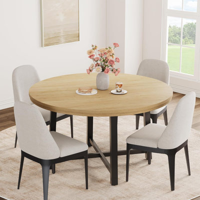 Industrial Farmhouse 47" Round Dining Table Seats 4-6, Classic Wood Top with Sturdy Metal Base, Space-Saving for Dining or Living Room